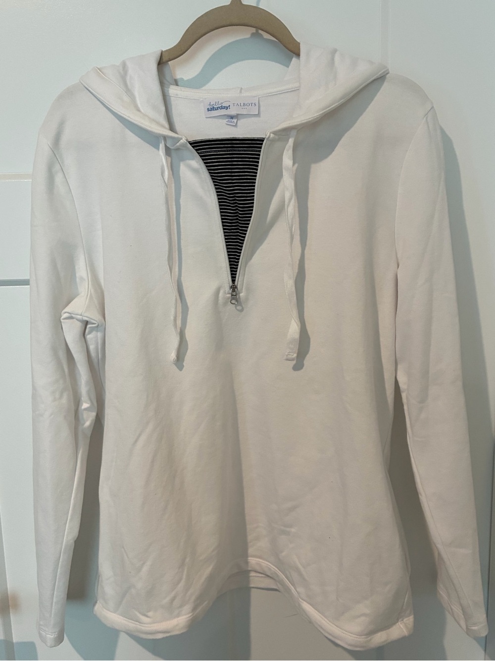 Talbots White Pullover Hoodie with Black-Striped Zip Placket